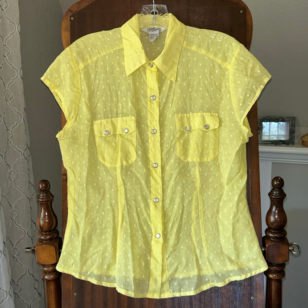Vintage Tramp yellow cotton button up pearl snap blouse small dotted large